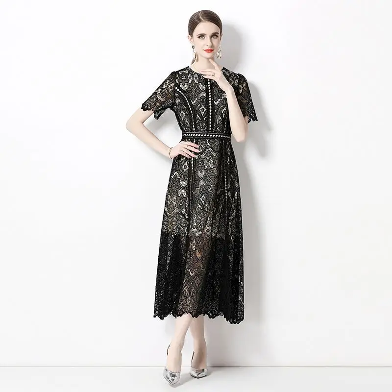 2023 Fashion Runway Summer Short Sleeve Lace Dress Women O-Neck Water Soluble Lace Embroidery Hollow Out Black Dress N6922
2023 Fashion Runway Summer Short Sleeve Lace Dress Women O-Neck Water Soluble Lace Embroidery Hollow Out Black Dress N6922