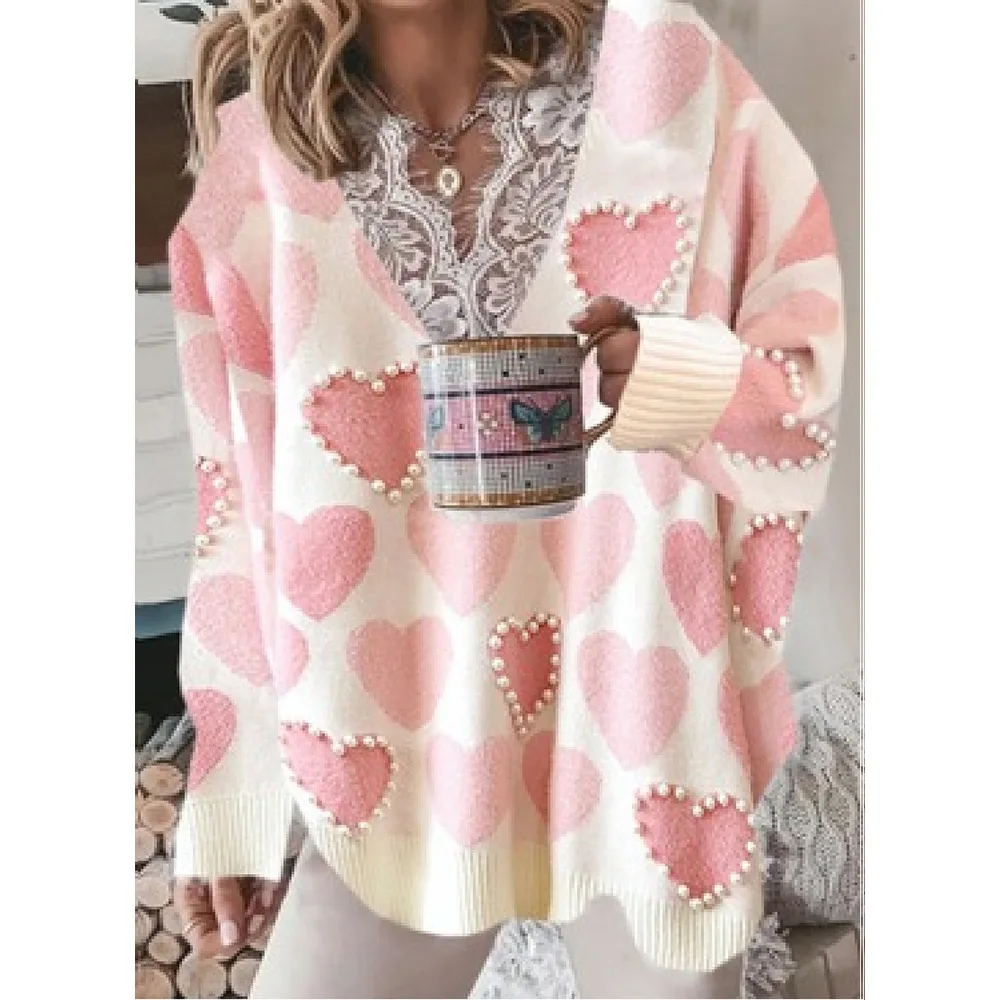 Fashion Sweaters Women Autumn Winter Lace V Neck Patchwork Heart Print Knit Jumper Long Sleeve Loose Pullovers Plus Size
Fashion Sweaters Women Autumn Winter Lace V Neck Patchwork Heart Print Knit Jumper Long Sleeve Loose Pullovers Plus Size