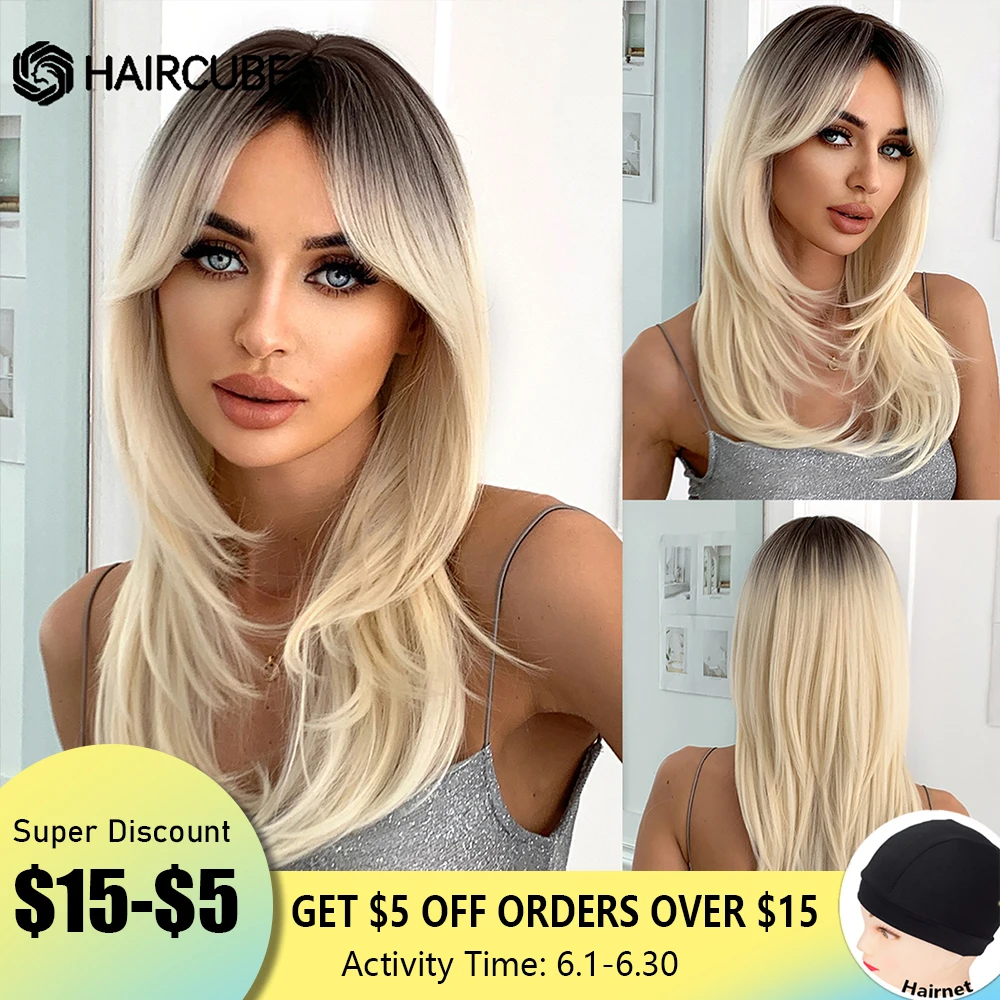 

HAIRCUBE Long Straight Blonde Synthetic Wigs Brown Platinum Ombre Hair Layered Wigs for Black Women Heat Resistant Cosplay Wigs