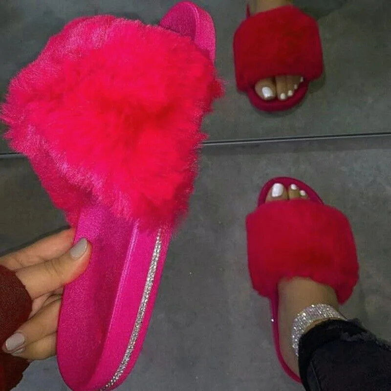 Rhinestone Furry Slippers Women Fur Home Fluffy Sliders Plush Furry Summer Flats Sweet Ladies Shoes Size 36-43 Purple Rose Color
Rhinestone Furry Slippers Women Fur Home Fluffy Sliders Plush Furry Summer Flats Sweet Ladies Shoes Size 36-43 Purple Rose Color