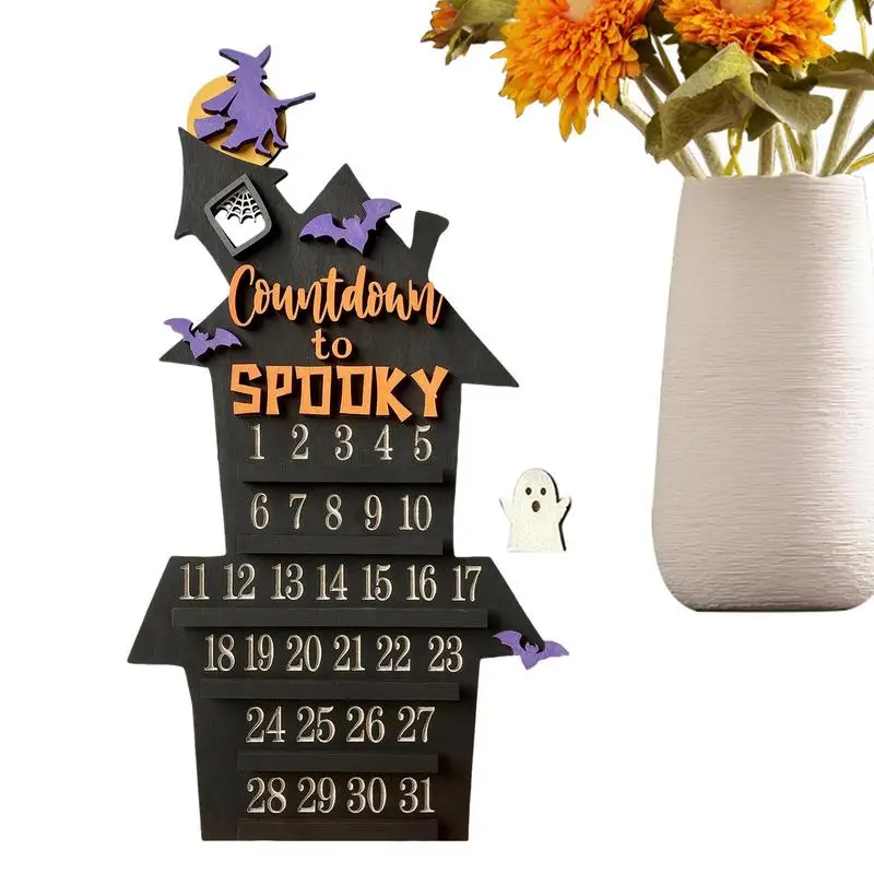 

Halloween Advent Calendar Wooden Castle Shape Countdown To Halloween Wooden Bat Witch Ghost Decoration Removable Halloween Home