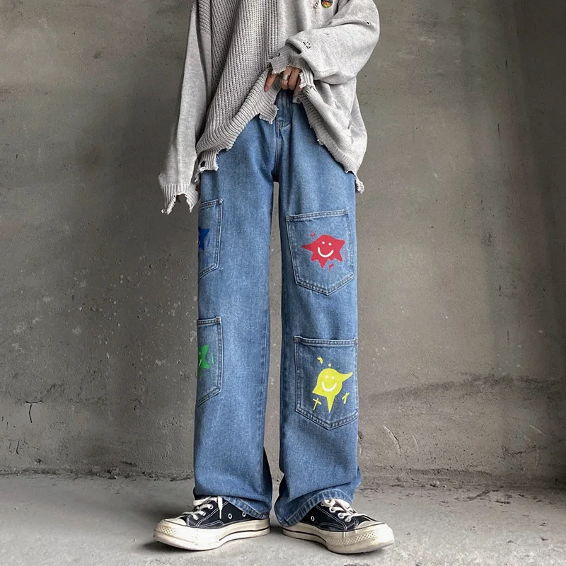New Arrivals Graffiti Smiley Print Straight Men Hip Hop Jeans Trousers Multiple Pockets Washed Vintage Baggy Street Denim Pants
New Arrivals Graffiti Smiley Print Straight Men Hip Hop Jeans Trousers Multiple Pockets Washed Vintage Baggy Street Denim Pants