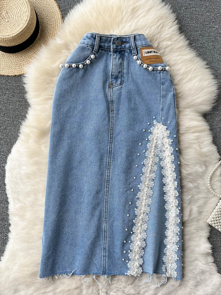 LY VAREY LIN New Spring Summer Beading Lace Patchwork Denim Skirts Women Fashion High Waist Split A-line Slim Jeans Skirts
LY VAREY LIN New Spring Summer Beading Lace Patchwork Denim Skirts Women Fashion High Waist Split A-line Slim Jeans Skirts