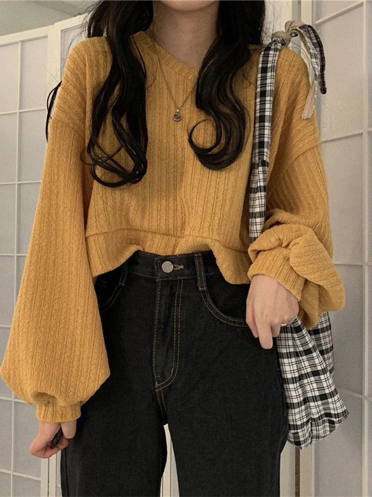 Свободный однотонный короткий женский свитер, осень 2022, вязаный пуловер с V-образным вырезом, плиссированная трикотажная одежда с длинным р... 
Свободный однотонный короткий женский свитер, осень 2022, вязаный пуловер с V-образным вырезом, плиссированная трикотажная одежда с длинным р...