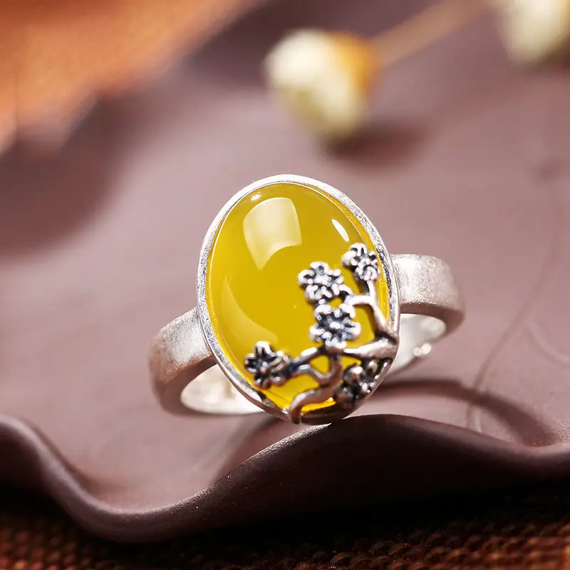 

Женское кольцо в китайском стиле, серебряное креативное легкое регулируемое кольцо в стиле ретро с топазом и цветком сливы