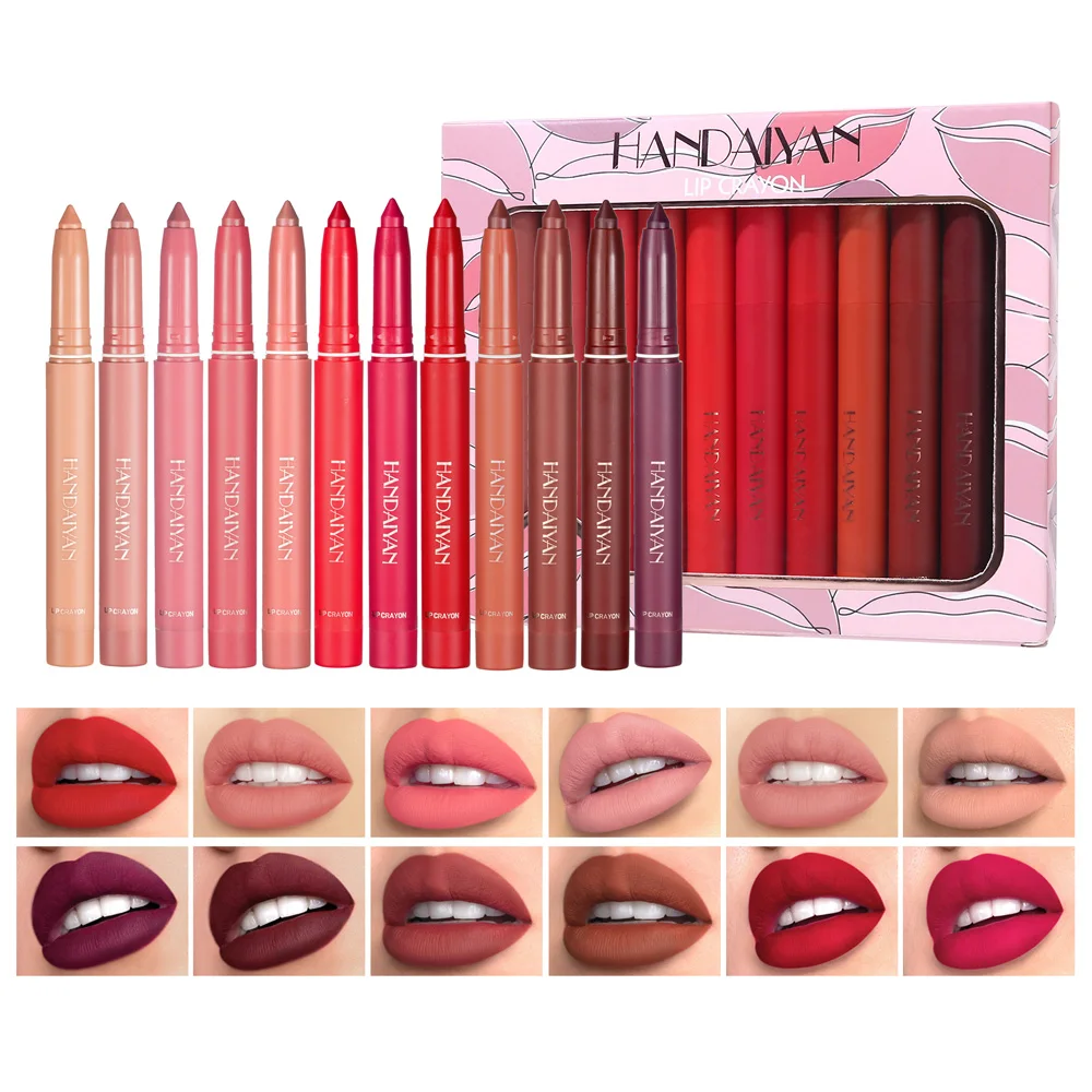 

12 Colors/Box Matte Lipstick Waterproof Velvet Nude Lipstick Pencil Sexy Red Brown Pigments Lips Makeup Long Lasting Lip Tint