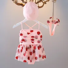 Newborn Baby Girl Strawberry Swim Suit With Cap Headwear Infant Toddler Tutu Dress Swimwear Bathing Suit Kid Swimming Clothing
