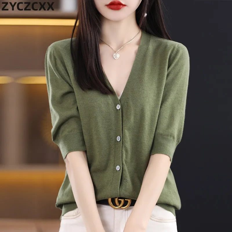 Женская однотонная шерстяная футболка, трикотажный кардиган с V-образным вырезом и коротким рукавом, с пряжкой, лето 100
Женская однотонная шерстяная футболка, трикотажный кардиган с V-образным вырезом и коротким рукавом, с пряжкой, лето 100