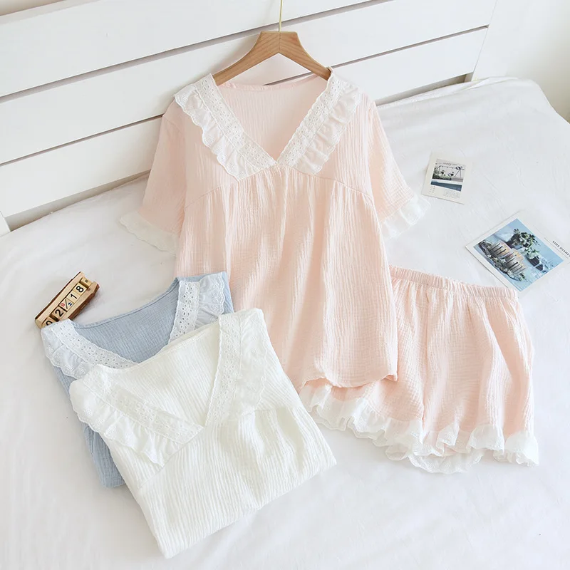 Women's Summer Cotton Kawaii Pajamas Lace Design Two-piece Shorts Set Thin Summer Short-sleeved Home Clothes Women Pajamas
Women's Summer Cotton Kawaii Pajamas Lace Design Two-piece Shorts Set Thin Summer Short-sleeved Home Clothes Women Pajamas