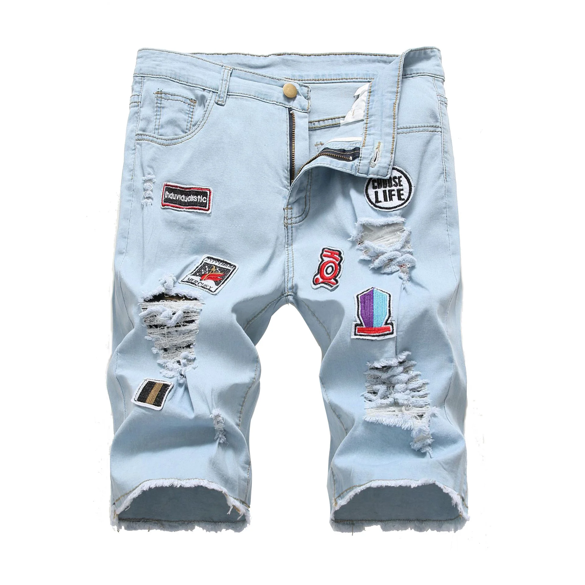 Light blue torn denim shorts, embroidery, summer seams, stitching, elastic jeans underwear
Light blue torn denim shorts, embroidery, summer seams, stitching, elastic jeans underwear