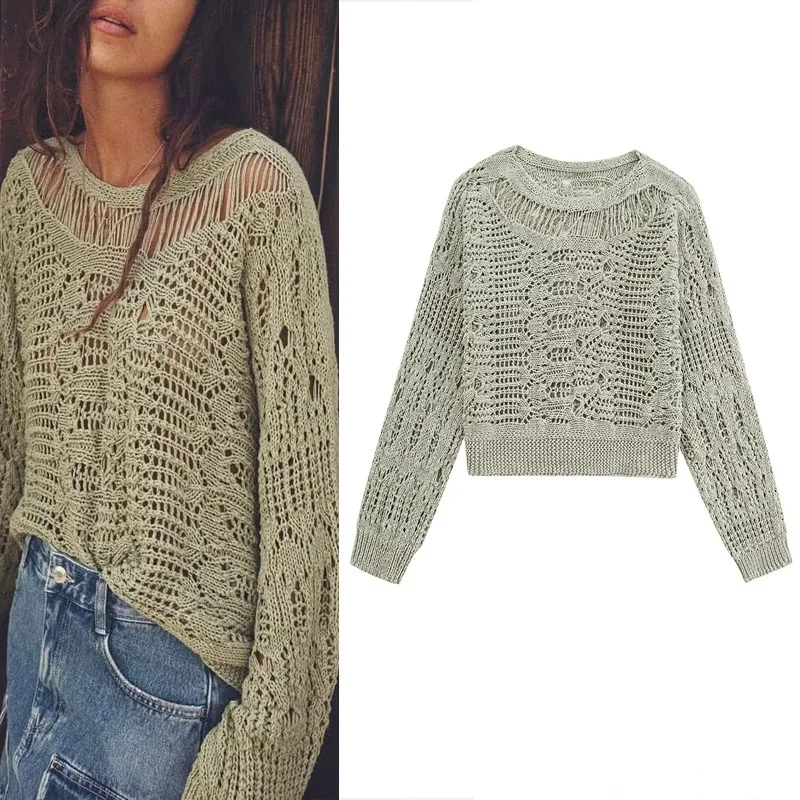 TRAF Hollow Out Knit Sweater Woman 2023 Vintage Round Neck Pullovers Khaki Female Clothing Long Sleeve Sweater Summer Chic Tops
TRAF Hollow Out Knit Sweater Woman 2023 Vintage Round Neck Pullovers Khaki Female Clothing Long Sleeve Sweater Summer Chic Tops