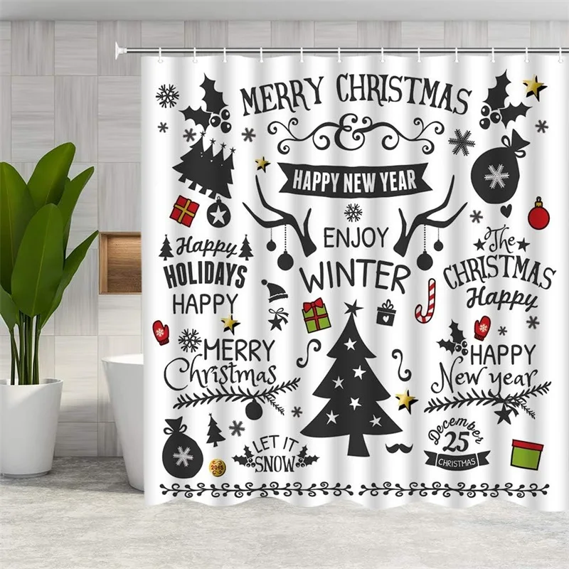 

Christmas Shower Curtain Cartoon Winter Santa Clau Snowman Moose Penguin Christmas Tree Snowflake Merry Christmas Bathroom Decor