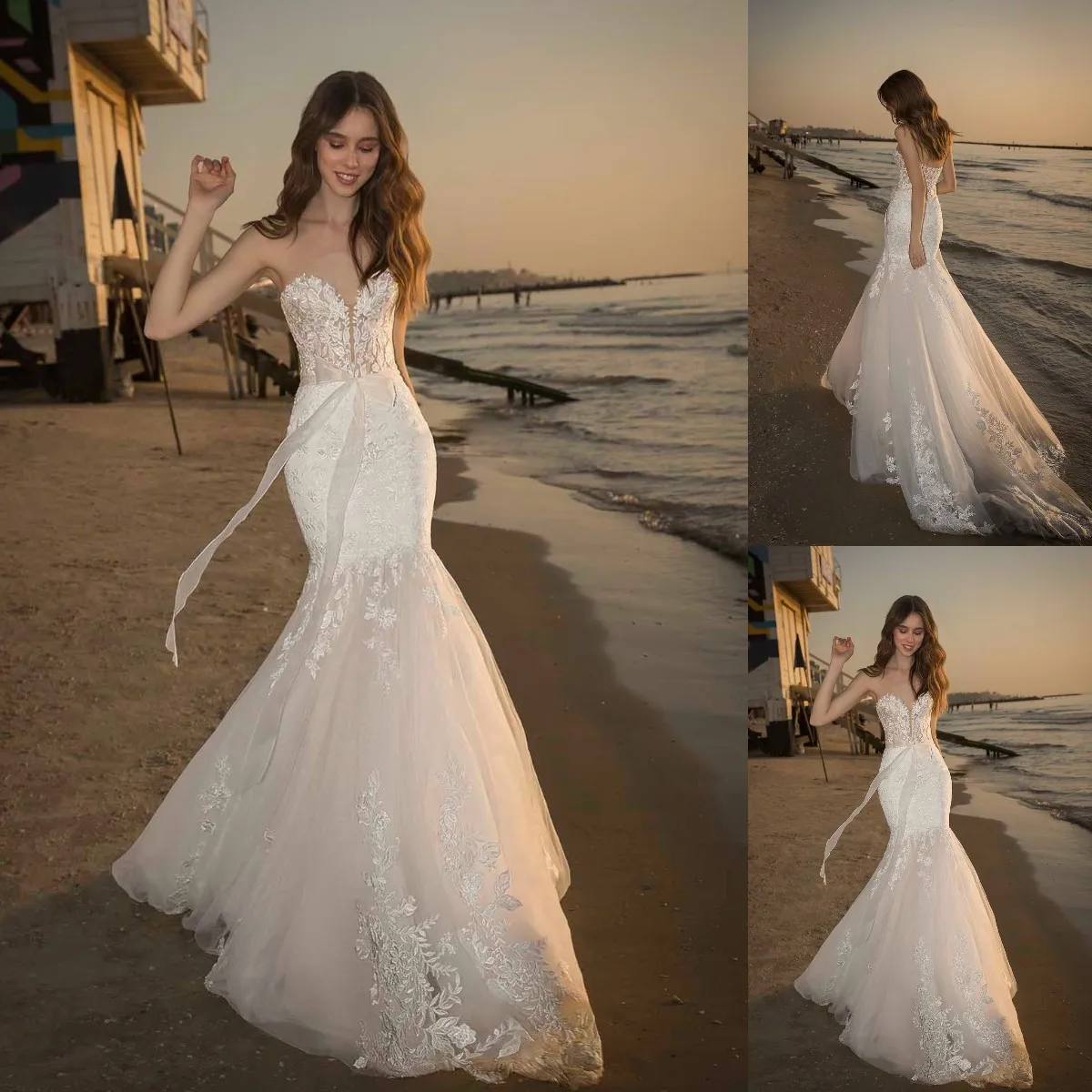 Elegant Mermaid Wedding Dresses Sweetheart Neck With Lace Applique Custom Made For Bride Bow Belt Long Tulle Hobo Bridal Gowns
Elegant Mermaid Wedding Dresses Sweetheart Neck With Lace Applique Custom Made For Bride Bow Belt Long Tulle Hobo Bridal Gowns