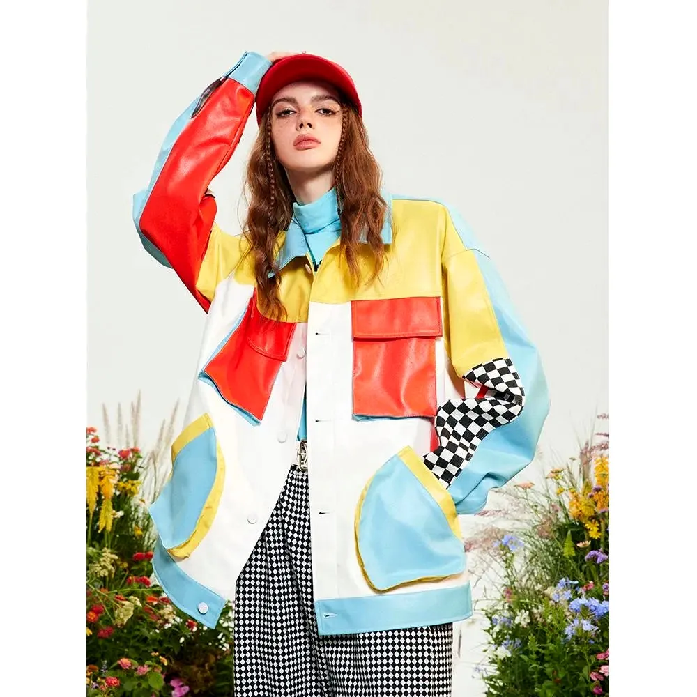 Designer Cool Ladies Spring Autumn Patchwork Jacket Women Oversized PU Leather Fleece Colorful Spliced Baseball Chic Coats NZ211
Designer Cool Ladies Spring Autumn Patchwork Jacket Women Oversized PU Leather Fleece Colorful Spliced Baseball Chic Coats NZ211