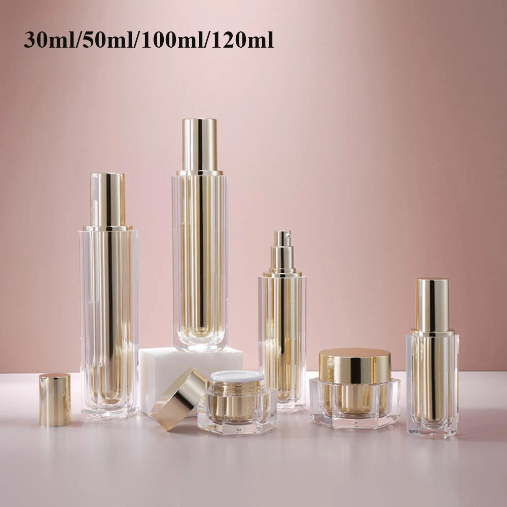 

30/50/100/120ml Acrylic Lotion Cream Bottle Electroplated Gold Hexagonal Refillable Cosmetic Jar 30/50g High-End Empty Container