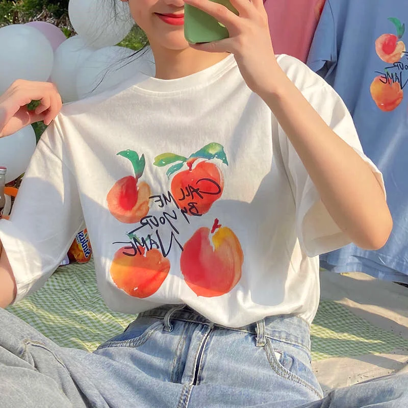 Summer 100% Cotton T-shirt Women Fruit Letter Aesthetic Print Loose Oversize T Shirt Female Casual Short Sleeve Tee Tops 2022
Summer 100% Cotton T-shirt Women Fruit Letter Aesthetic Print Loose Oversize T Shirt Female Casual Short Sleeve Tee Tops 2022