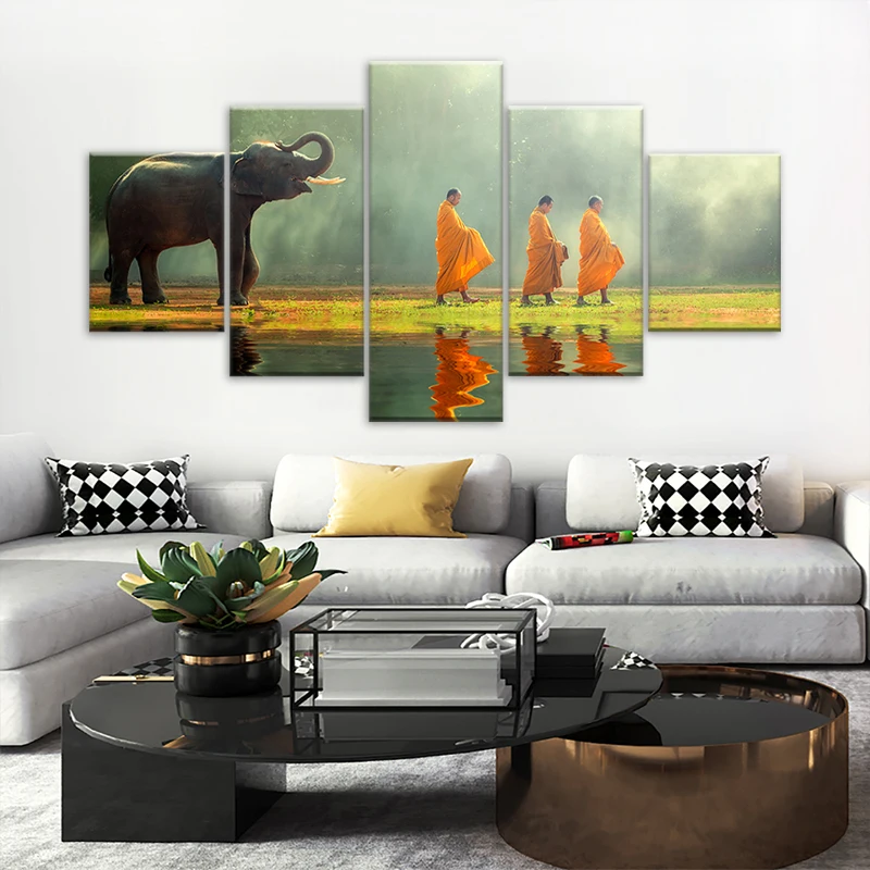 

Elephant And Monk Buddha 5 Pieces Poster Home Decorative Canvas Paintings For Living Room printed Wall Art Artwork HD