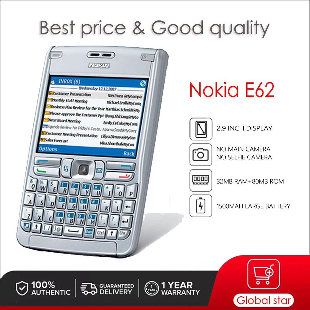 

Nokia E62 Original Unlocked Mobile Phone 2.9 inches 1500mAh 2MP 32MB RAM 80MB ROM 3G High Quality Cellphone Only English