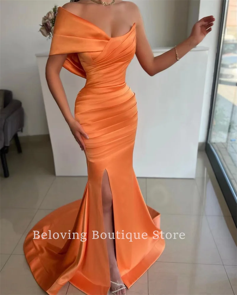 

Orange Formal Prom Dresses Off Shoulder Sparkly Satin Evening Dress Pageant Robes De Soiree 2024 Dubai Celebrity Party Gowns