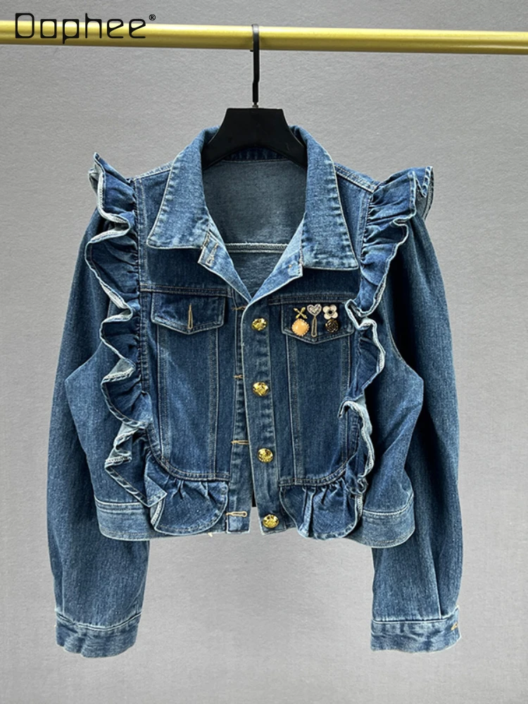 

Women's Trendy INS Ruffled Blue Denim Jacket 2023 New Autumn Sweet Loose Long Sleeve Slimming Short Jean Jackets Jeans Feminina