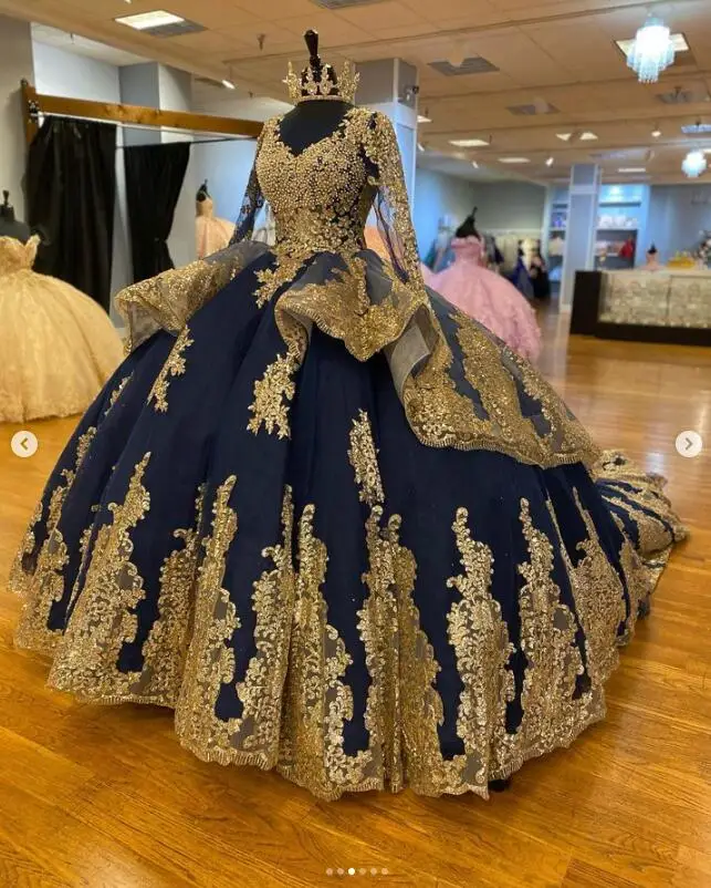 

Темно-синие платья принцессы Quinceanera с длинным рукавом Gillter Золотая аппликация на шнуровке Корсет для выпускного вечера милый 15 vestido quinceañera