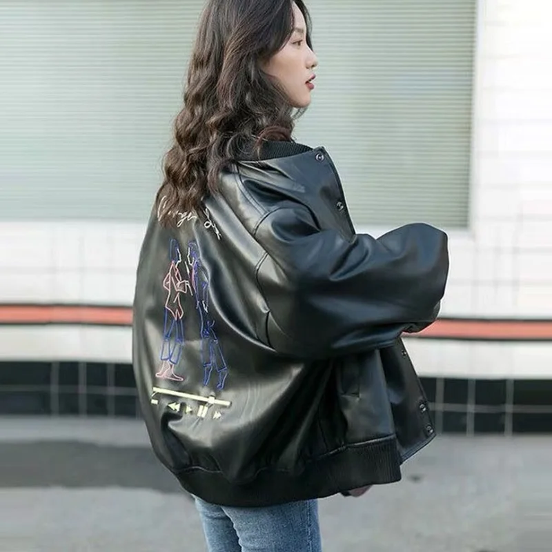 Black Leather Jacket Female Fashion Loose Ladies Spring and Autumn Leather Coat Women Top Motorcycle Jacket Trench Coat 
Black Leather Jacket Female Fashion Loose Ladies Spring and Autumn Leather Coat Women Top Motorcycle Jacket Trench Coat