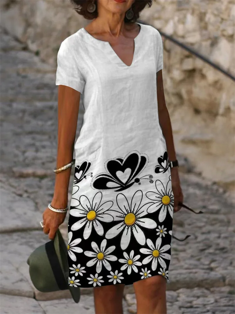 2023 Summer Linen Women's Dress Print V-neck Short Sleeve A-line Loose Casual Dresses Female New Elegant Fashion Ladies Clothes
2023 Summer Linen Women's Dress Print V-neck Short Sleeve A-line Loose Casual Dresses Female New Elegant Fashion Ladies Clothes