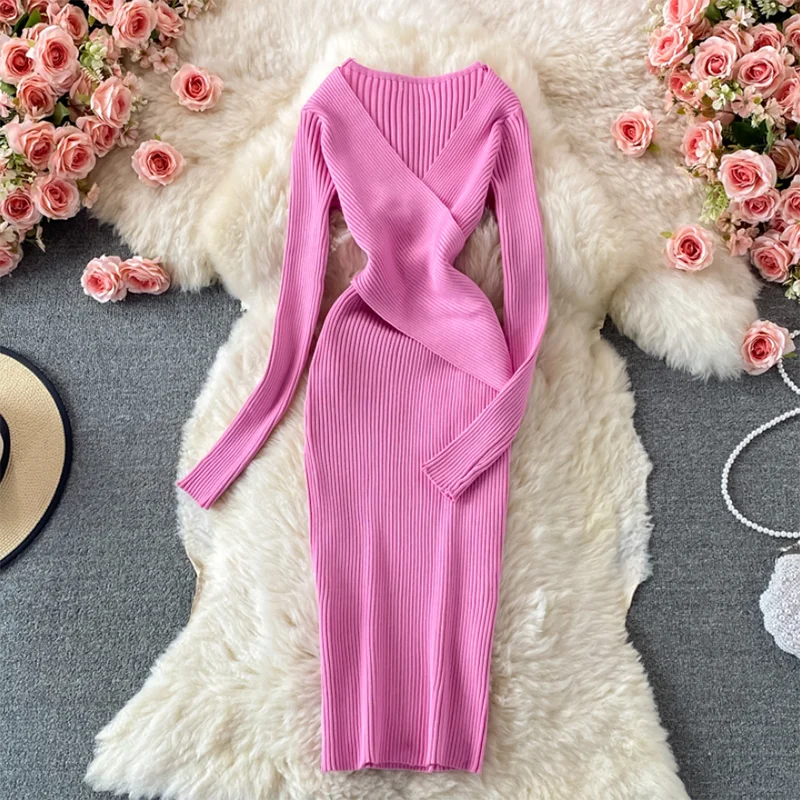 Sexy deep V-neck Women Knitted Dress 2022 Spring Autumn Elegant Long Sleeve Elastic Slim Sweater Bodycon Dress Ladies Dresses
Sexy deep V-neck Women Knitted Dress 2022 Spring Autumn Elegant Long Sleeve Elastic Slim Sweater Bodycon Dress Ladies Dresses