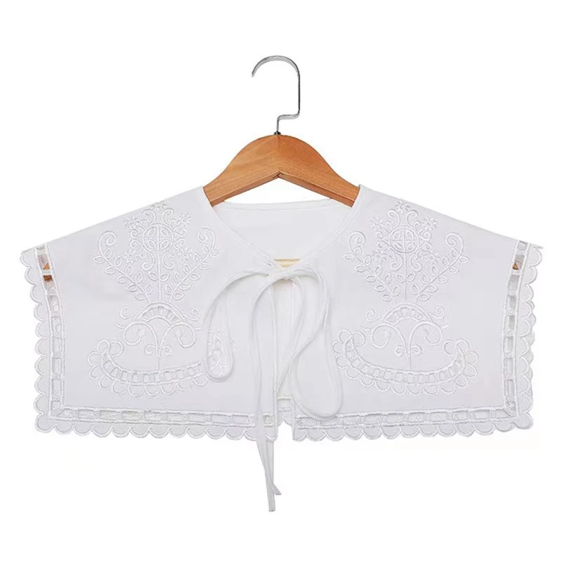 

Women Vintage Detachable Sailor Collar Shawl Hollow Out Splicing Scalloped Trim for Doll Scarf Embroidery Floral Lace-Up Bowknot