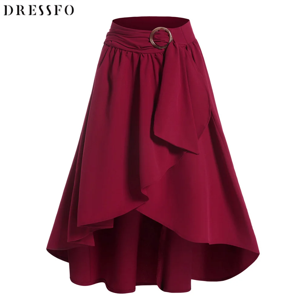 

Dressfo Women Skirt Overlay Skirt Solid Color Self Belted Ruffle Asymmetrical Hem Zip Up Midi Fashion Casual Skirt 2023
