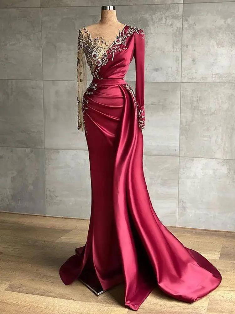 Luxurious Burgundy Mermaid Arabic Evening Dresses Beaded Crystals Sexy Gorgeous Stitching Prom Gowns Sheer Neck Formal Party
Luxurious Burgundy Mermaid Arabic Evening Dresses Beaded Crystals Sexy Gorgeous Stitching Prom Gowns Sheer Neck Formal Party