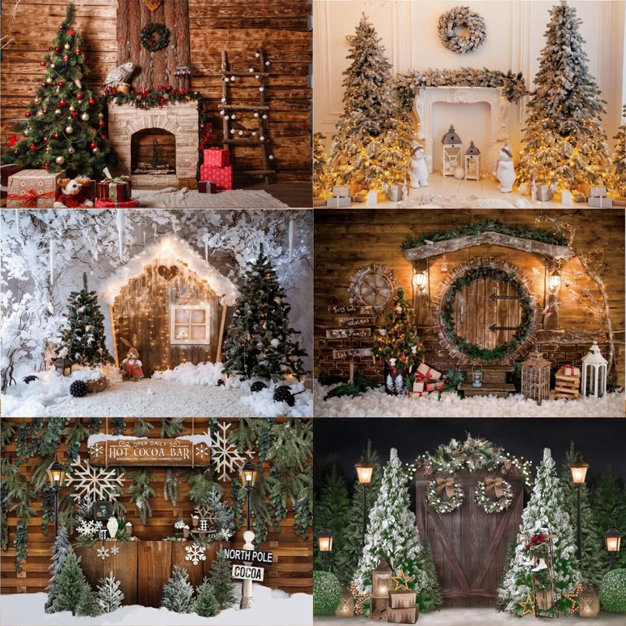 

Merry Christmas Tree Fireplace Decor Photography Backdrop Santa Claus Baby Portrait Photo Booth Background Gifts Poster Banner