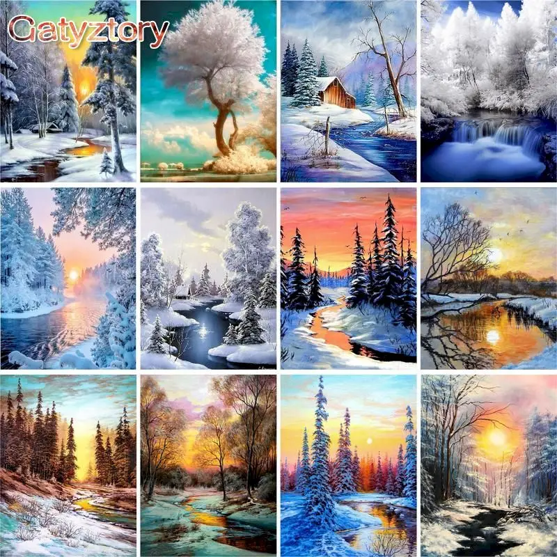 

GATYZTORY 60x75cm Painting By Numbers Snow Village Kill time Picture Drawing Scenery DIY Coloring By Numbers Artwork Home Decor
