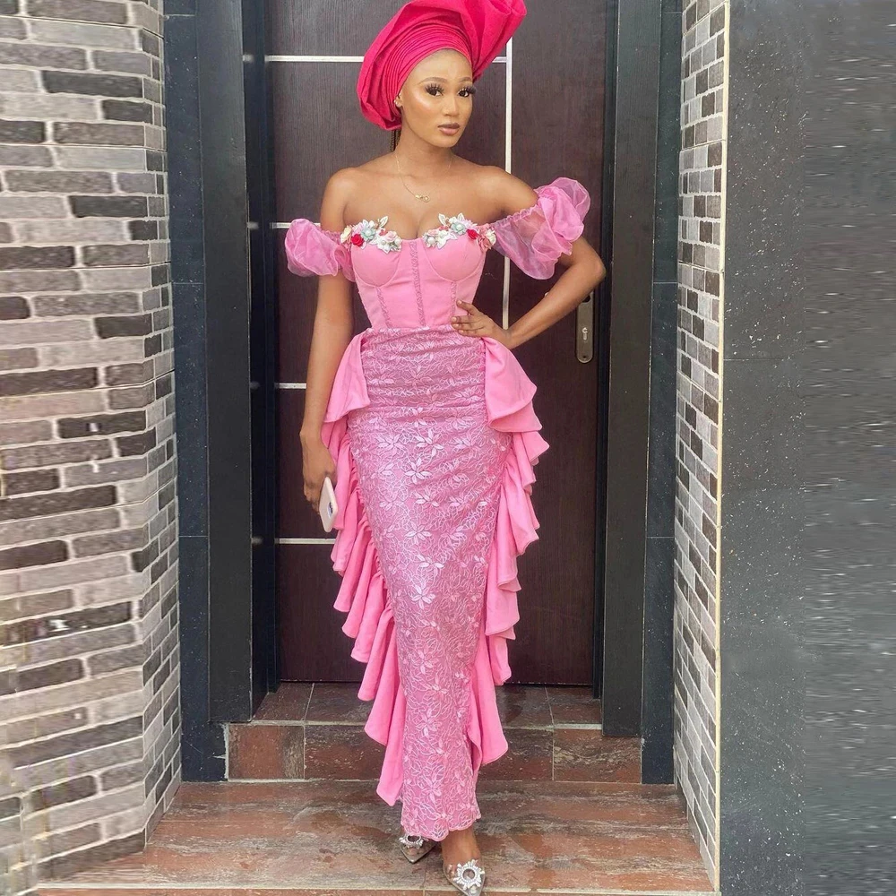 Elegant Pink Lace Evening Dresses Aso Ebi African Prom Dress Mermaid Long Robes de soirée Off Shoulder Ruffled Gown Abendkleider
Elegant Pink Lace Evening Dresses Aso Ebi African Prom Dress Mermaid Long Robes de soirée Off Shoulder Ruffled Gown Abendkleider