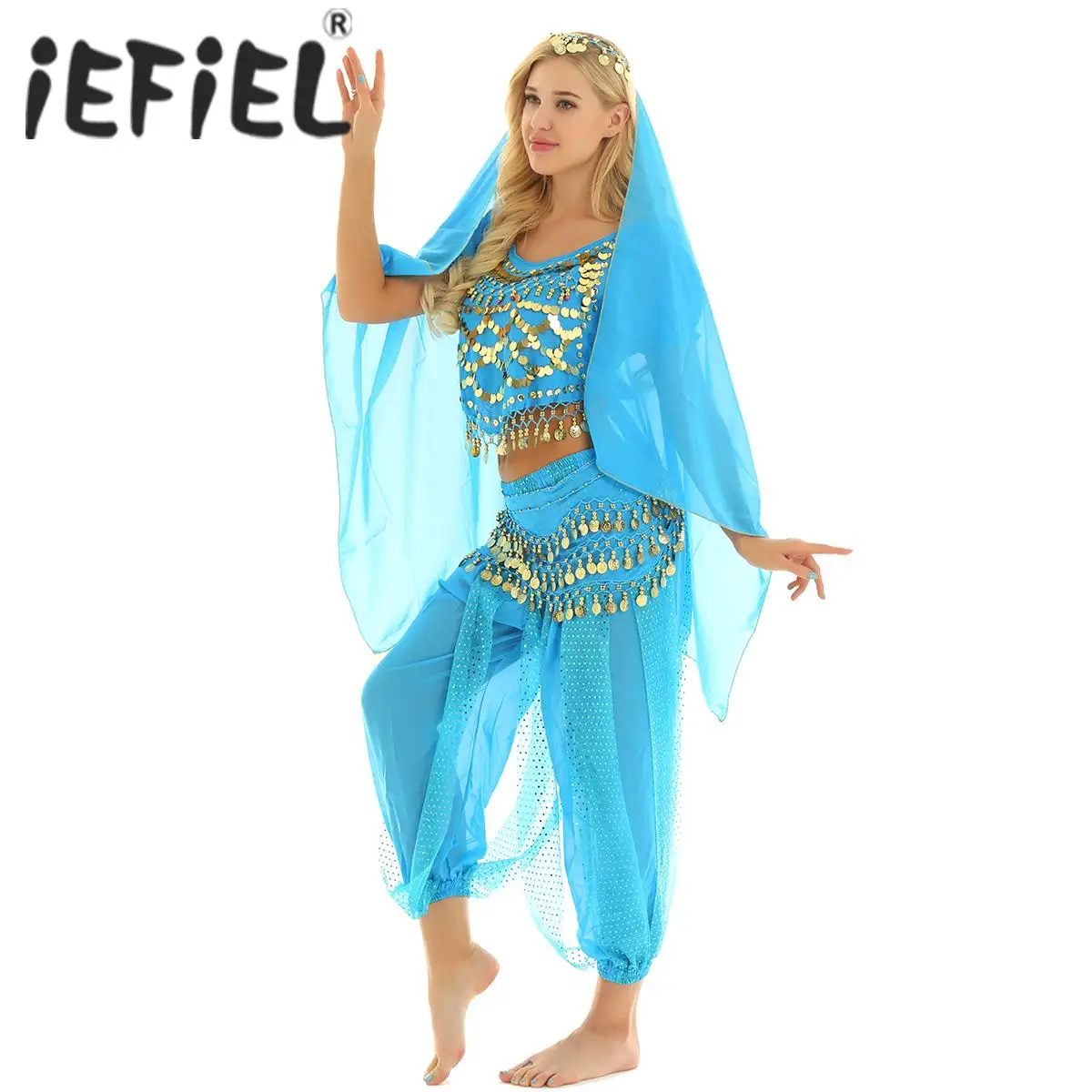 

Women Belly Dance Halloween Carnival India Dance Costume Outfit Set Lanterns Coins Top with Harem Pants Hip Scarf and Head Scarf