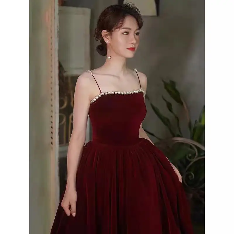 Evening Dress French Sweet Vintage Diamonds Spaghetti Strap Strapless Solid Sleeveless Dresses Women Luxury 
Evening Dress French Sweet Vintage Diamonds Spaghetti Strap Strapless Solid Sleeveless Dresses Women Luxury
