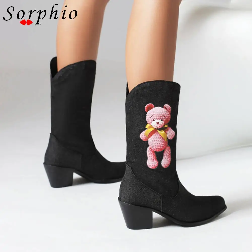 Sorphio Western Boots For Women Mid-calf Teddy Bear Print Square Heeled Slip-on Pointed Toed Denim Cowgirls Winter Booties
Sorphio Western Boots For Women Mid-calf Teddy Bear Print Square Heeled Slip-on Pointed Toed Denim Cowgirls Winter Booties