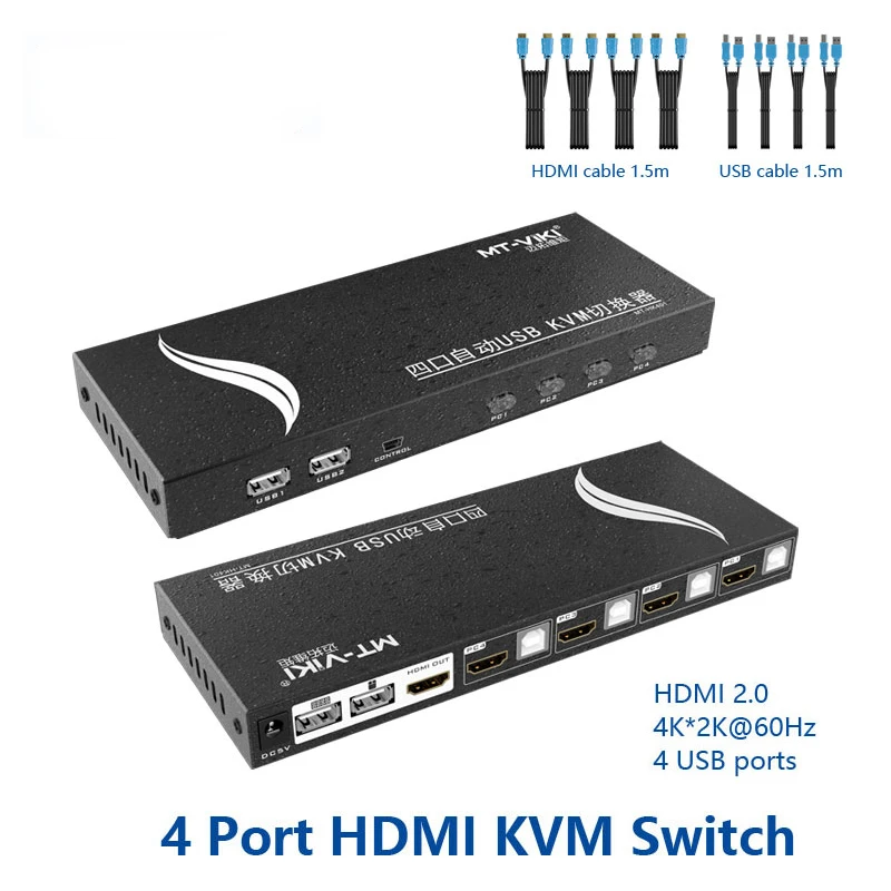 4 Port HDMI KVM Switch Hot Key Auto Scan USB Plugable 4Kx2K 60Hz with 4 Cable Sets for 4 PC 1 Keyborad Mouse MT-HK401
4 Port HDMI KVM Switch Hot Key Auto Scan USB Plugable 4Kx2K 60Hz with 4 Cable Sets for 4 PC 1 Keyborad Mouse MT-HK401