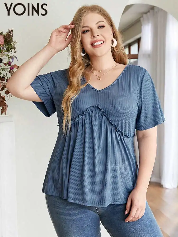 

YOINS Women Tops and Blouses 2022 Summer Short Sleeve Ruffled Tunic Shirts Casual Loose Solid Party Blusas Femininas Plus Size