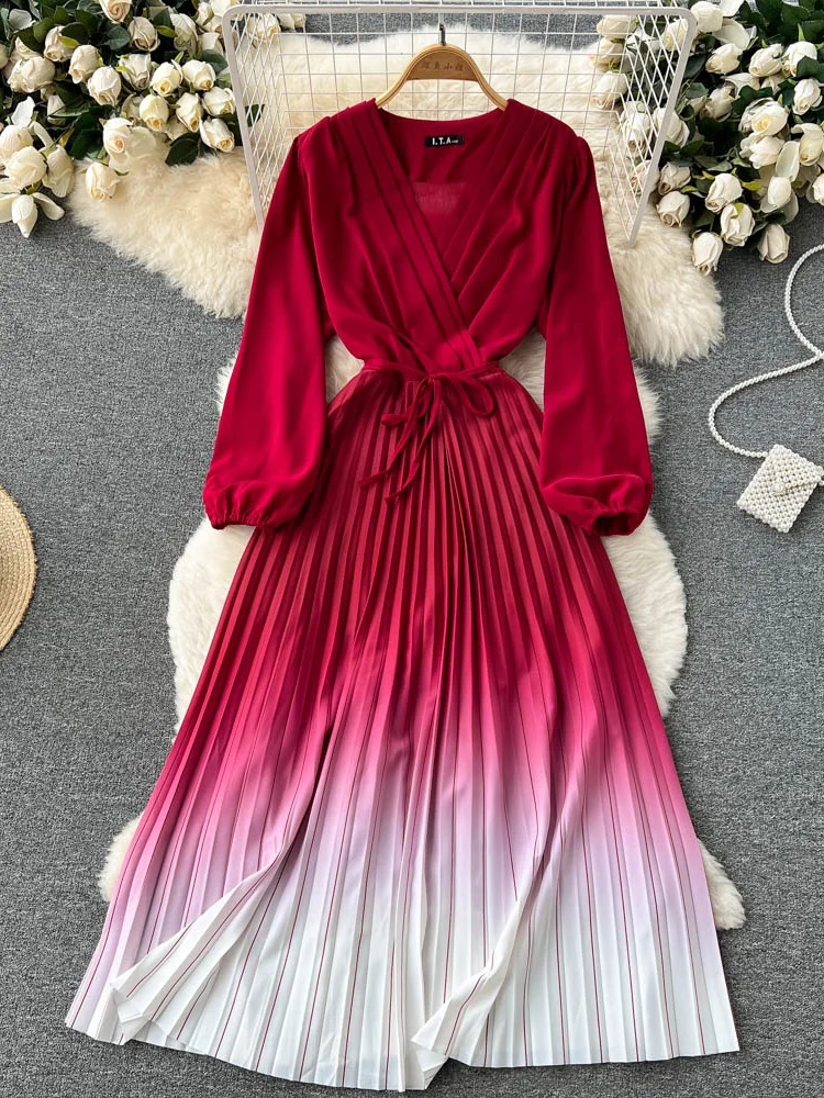 Purple/Yellow/Red Draped Long Dress Women Elegant V-Neck Puff Sleeve High Waist Pleated A-Line Party Vestidos Female Spring Fall
Purple/Yellow/Red Draped Long Dress Women Elegant V-Neck Puff Sleeve High Waist Pleated A-Line Party Vestidos Female Spring Fall