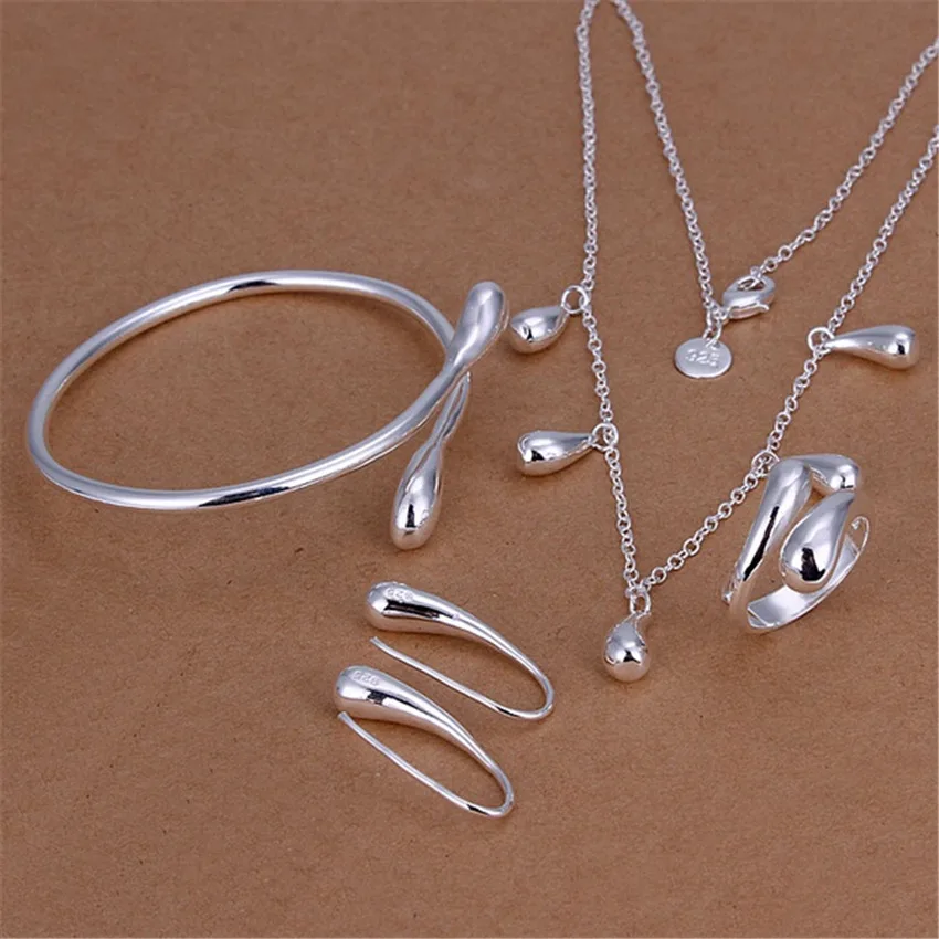 

Pretty 925 Sterling Silver Water drop cuff bangles Bracelets necklaces earrings rings Jewelry set for women Fashion Party gifts