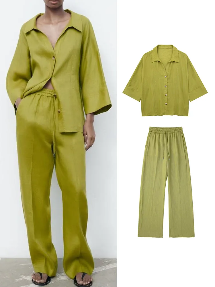 TRAF Loose Women Solid Blouse Pants Sets 2023 Summer Casual Thin Long Sleeve Single Breasted Tops Drawstring Elastic Waist Pants
TRAF Loose Women Solid Blouse Pants Sets 2023 Summer Casual Thin Long Sleeve Single Breasted Tops Drawstring Elastic Waist Pants
