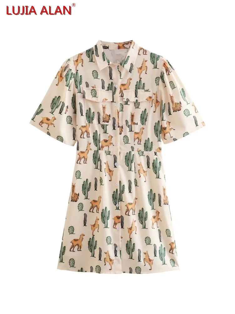 Women Cactus Printing Double Pocket Shirt Dress Summer Female Puff Sleeve Loose Mini Vestidos LUJIA ALAN WD037
Women Cactus Printing Double Pocket Shirt Dress Summer Female Puff Sleeve Loose Mini Vestidos LUJIA ALAN WD037