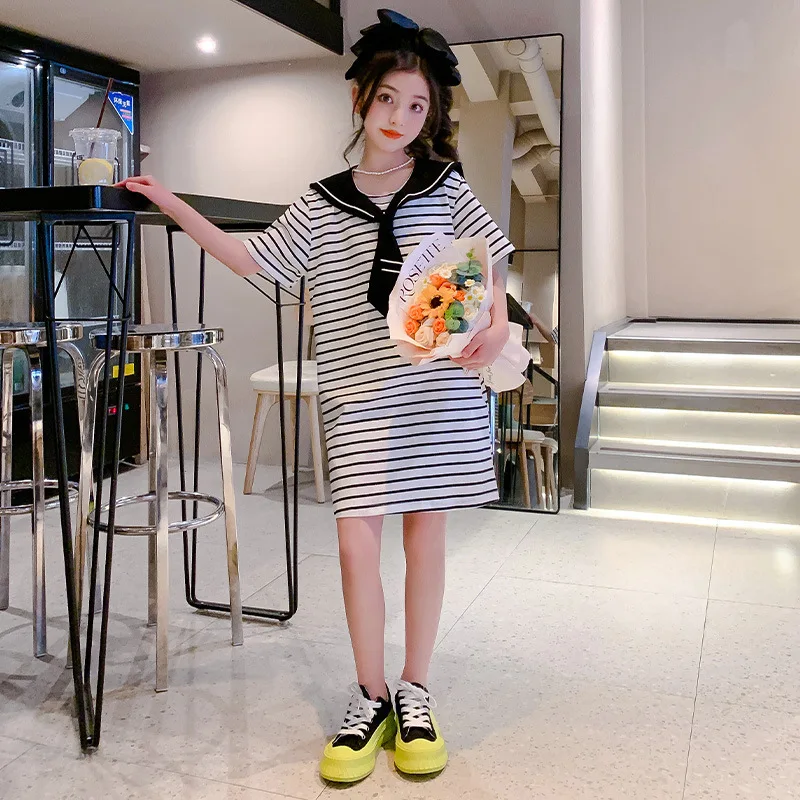 Summer Dress for Girls New Long Navy Collar Striped Fashion Casual Straight Short Sleeve Teenage Girl Dresses 12 13 15 16 Years 
Summer Dress for Girls New Long Navy Collar Striped Fashion Casual Straight Short Sleeve Teenage Girl Dresses 12 13 15 16 Years