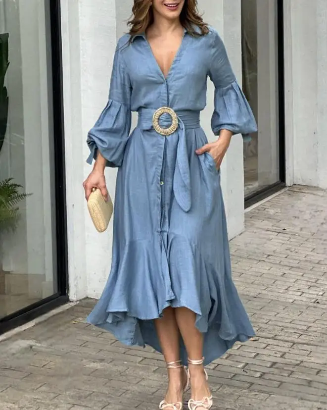 2023 New fashion casual women's V-neck lantern sleeve ruffle pocket design skirt with belt
2023 New fashion casual women's V-neck lantern sleeve ruffle pocket design skirt with belt
