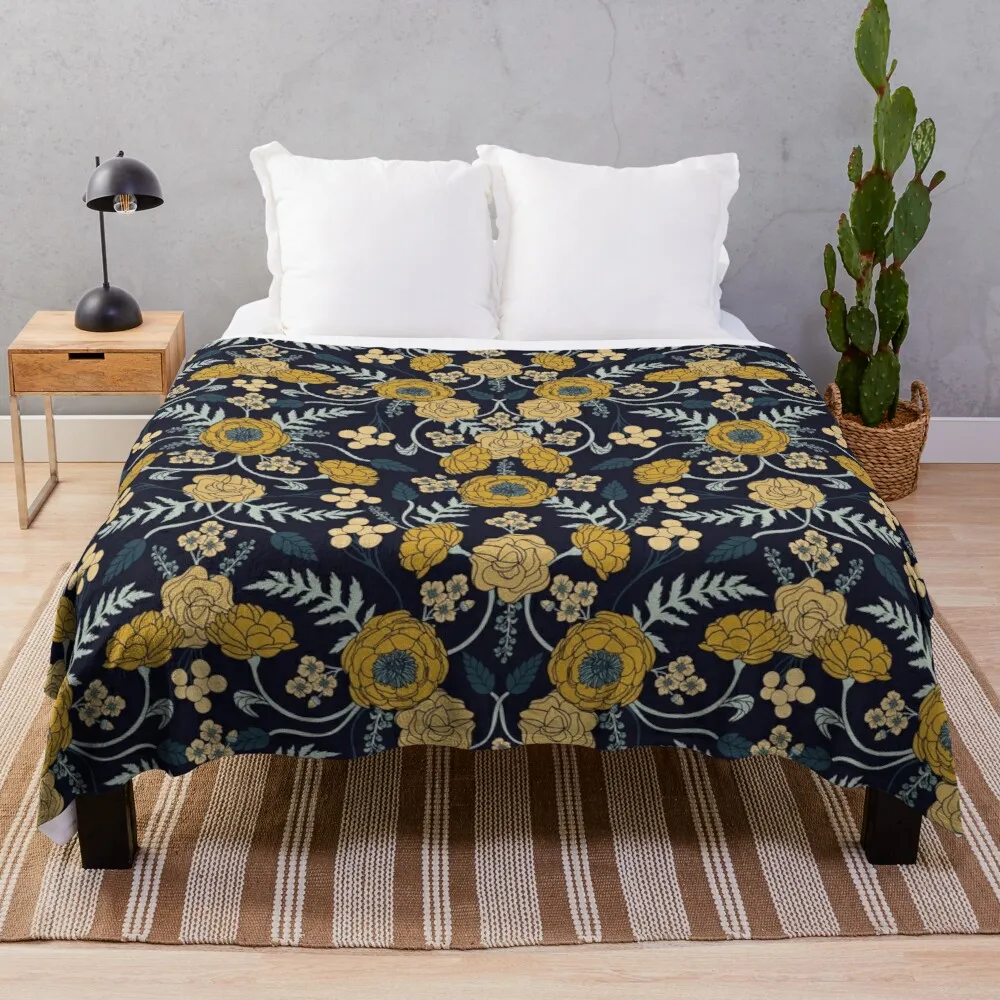 

Navy Blue, Turquoise, Cream & Mustard Yellow Dark Floral Pattern Throw Blanket throw blanket