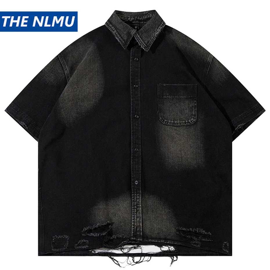 Men Vintage Black Denim Shirts Distressed Hole Short Sleeve Jeans Shirts Harajuku Streetwear Hip Hop Oversized Shirts Blouse Y2K
Men Vintage Black Denim Shirts Distressed Hole Short Sleeve Jeans Shirts Harajuku Streetwear Hip Hop Oversized Shirts Blouse Y2K
