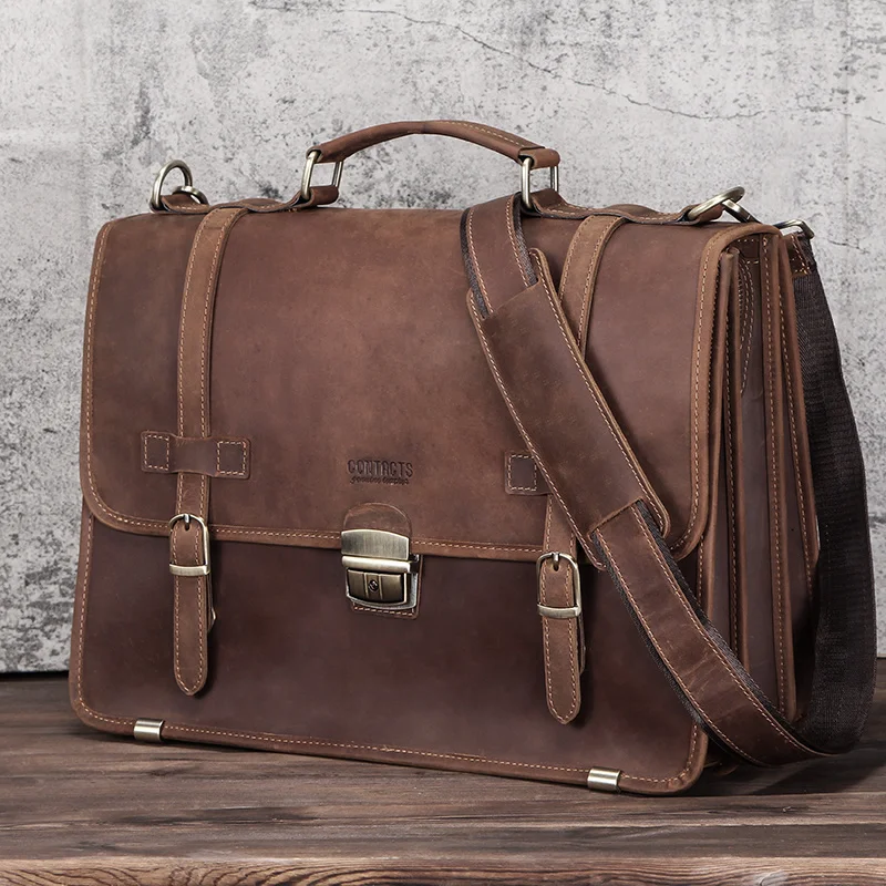 

Men's Bag Crazy Horse Leather Briefcase Men Business Bag For 14" Laptop Quality Leather Shoulder Messenger Bags Male