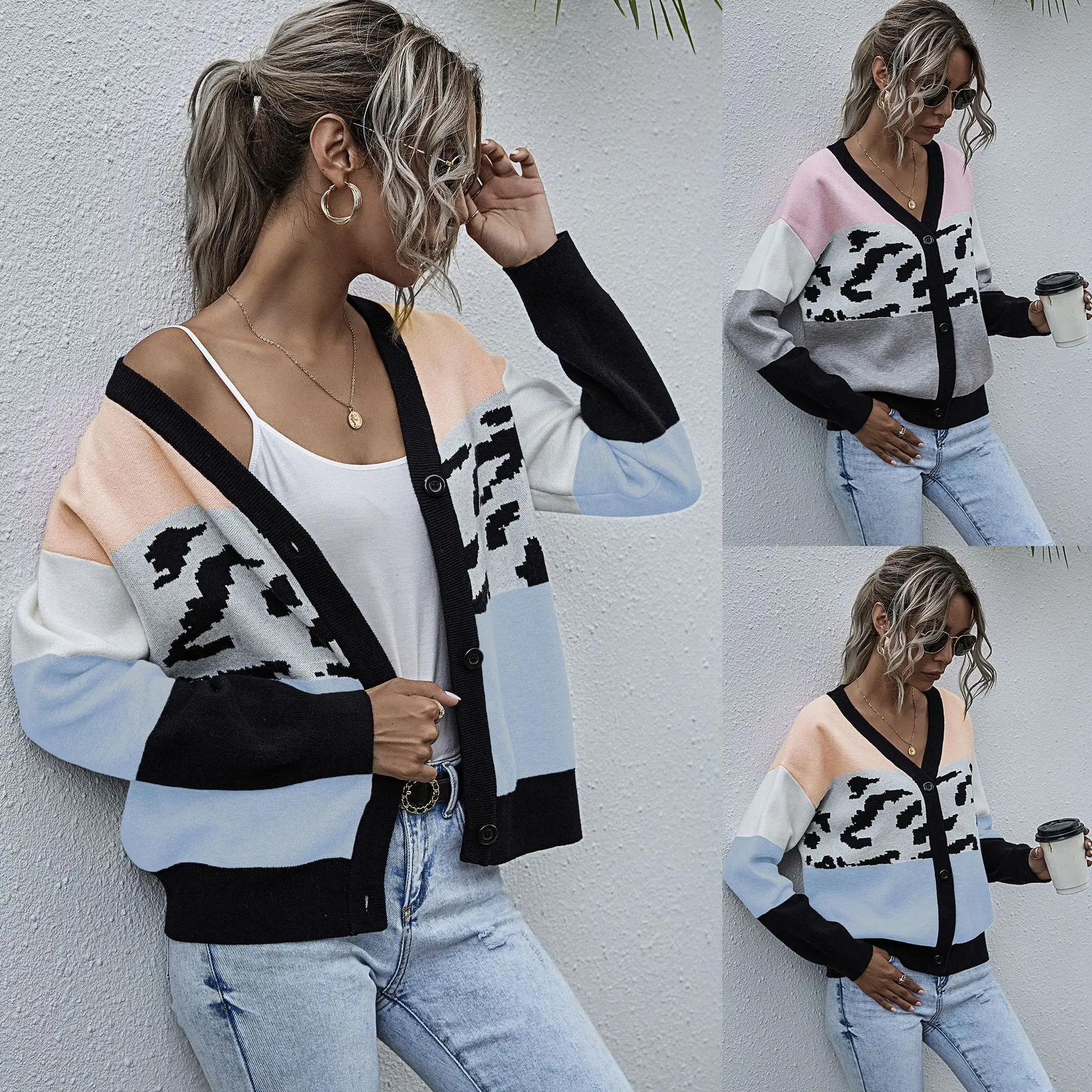 Женский трикотажный свитер на пуговицах, короткий вязаный кардиган контрастных цветов с леопардовым принтом, Осень-зима 
Женский трикотажный свитер на пуговицах, короткий вязаный кардиган контрастных цветов с леопардовым принтом, Осень-зима