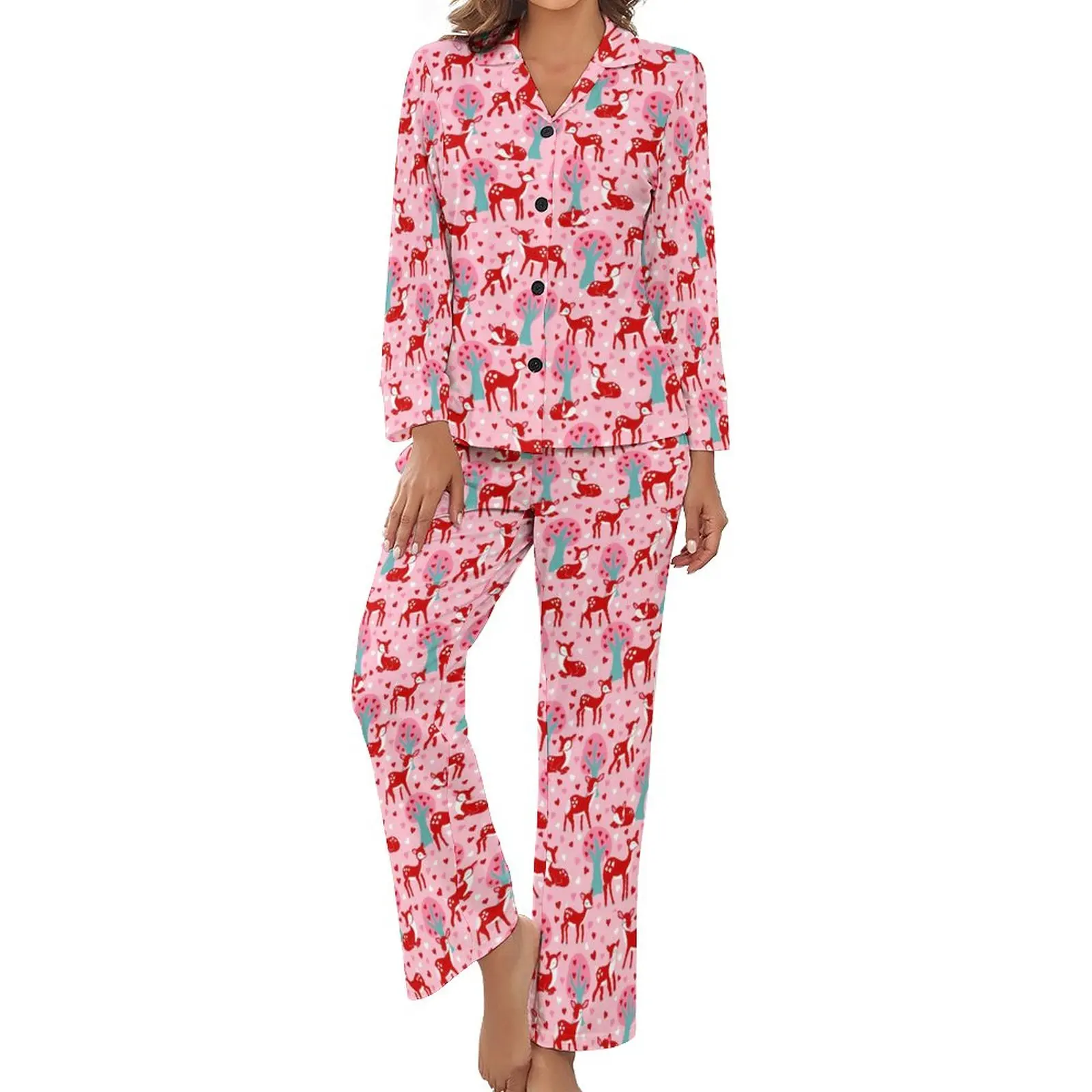 Pink Deer Print Pajamas Long Sleeve Valentines Day Two Piece Leisure Pajama Sets Autumn Female V Neck Kawaii Nightwear
Pink Deer Print Pajamas Long Sleeve Valentines Day Two Piece Leisure Pajama Sets Autumn Female V Neck Kawaii Nightwear